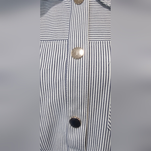 Chico’s Blue & White Striped Indigo Snap Front Jacket Roll Tab Sleeves, SZ 3 NWT - Picture 13 of 16